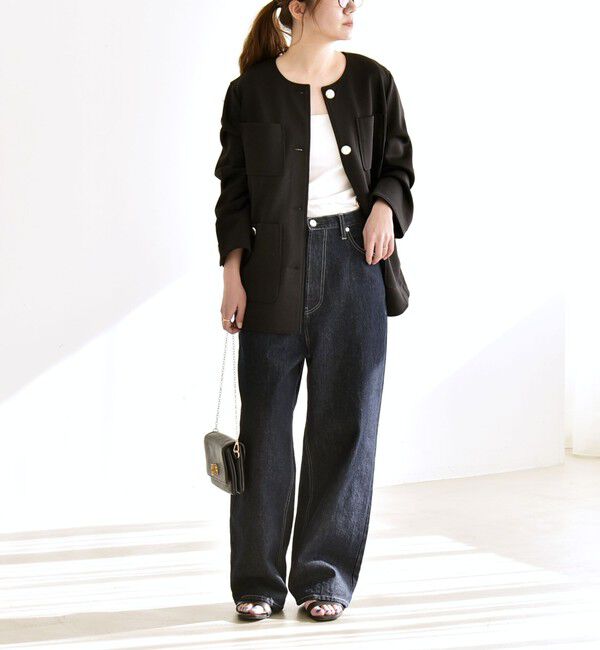 quaranciel「quaranciel:〈手洗い可能〉ジャージー ゴールドボタン クルーネック ジャケット」|ノーカラージャケット|