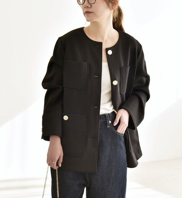 quaranciel「quaranciel:〈手洗い可能〉ジャージー ゴールドボタン クルーネック ジャケット」|ノーカラージャケット|