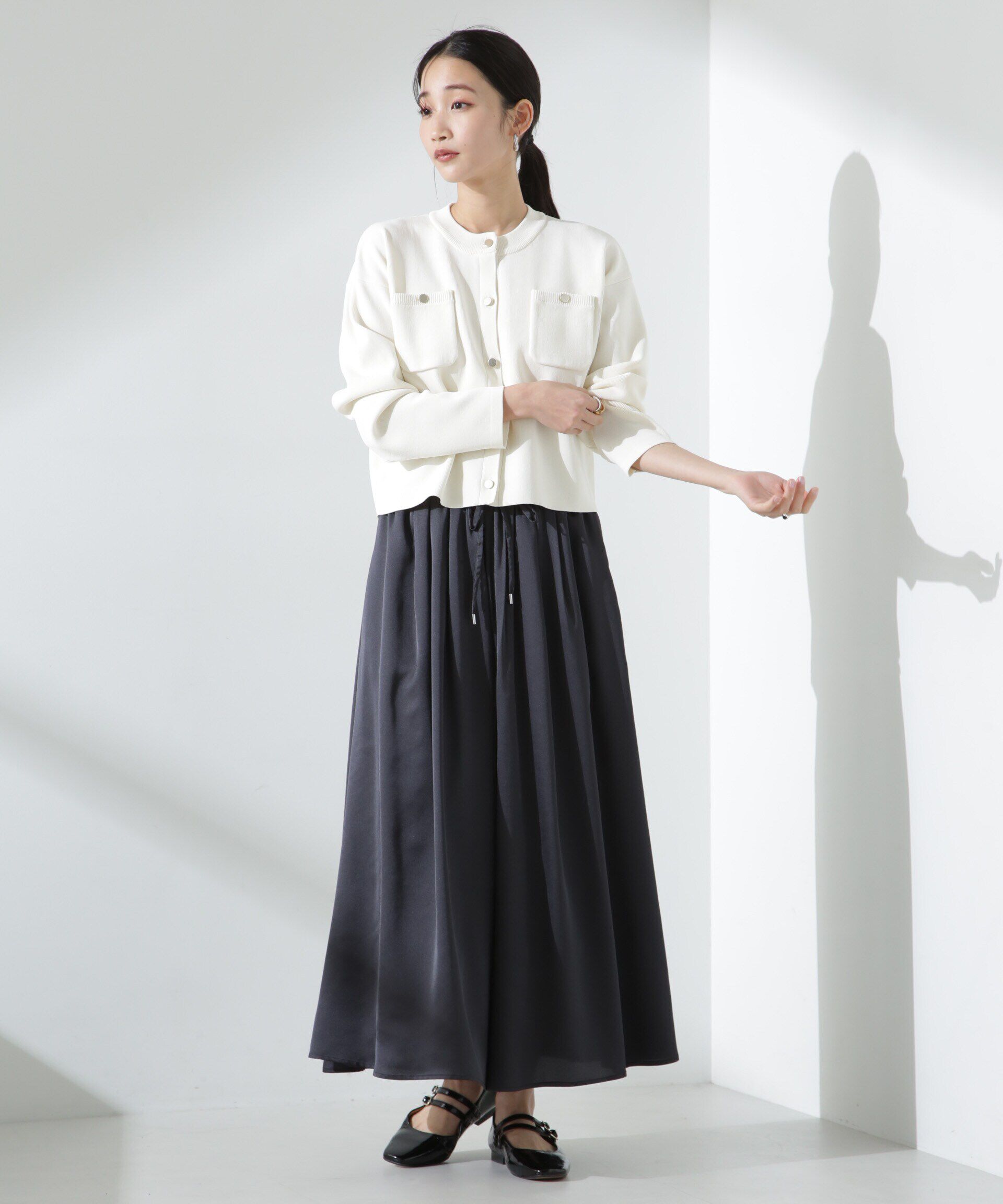 nano･universe「サテンギャザースカートパンツ（セットアップ可）」|チノ|