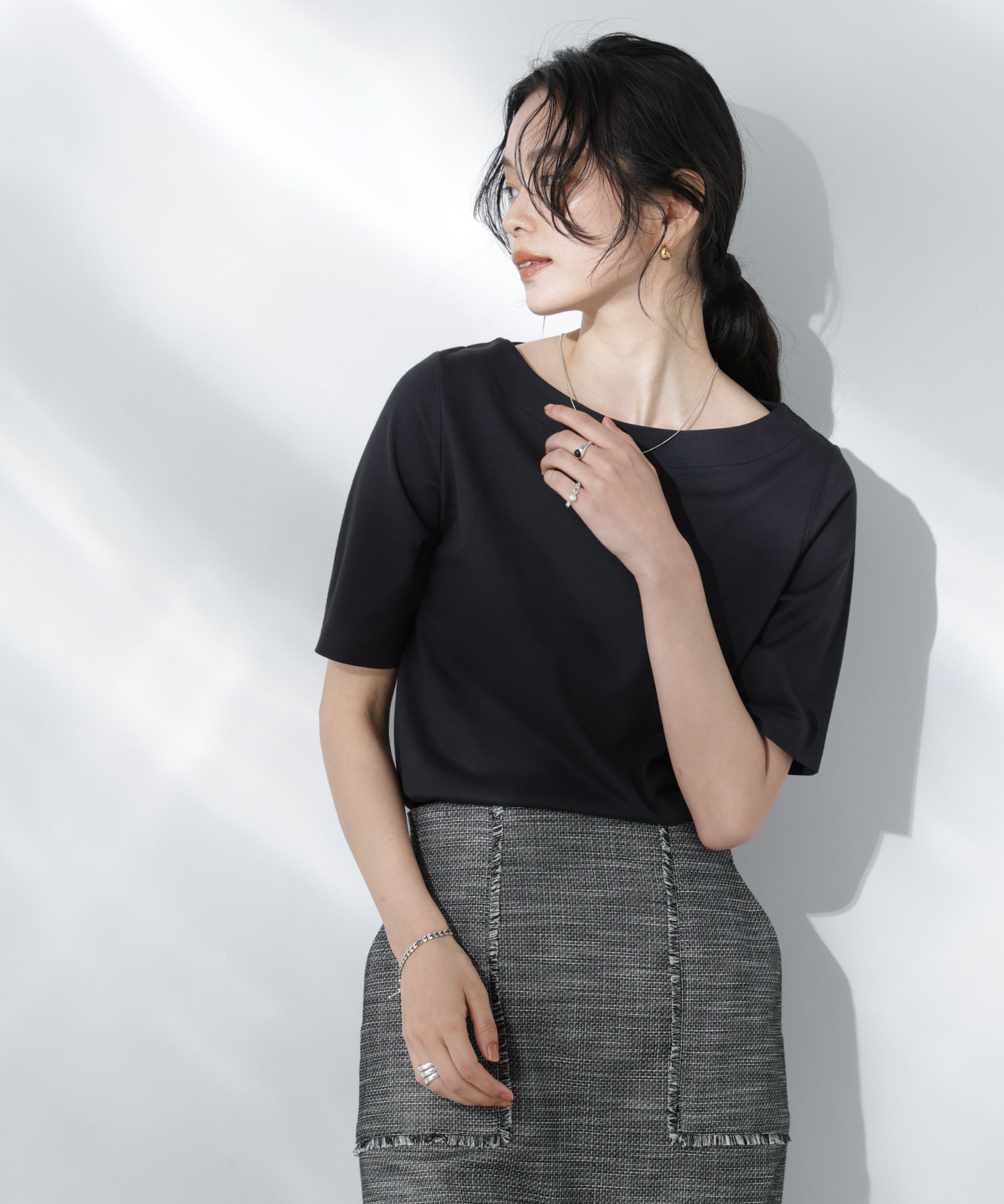 nano･universe「Anti Soaked(R) 汗染み防止ボートネックTシャツ」|Tシャツ・カットソー|ブラック