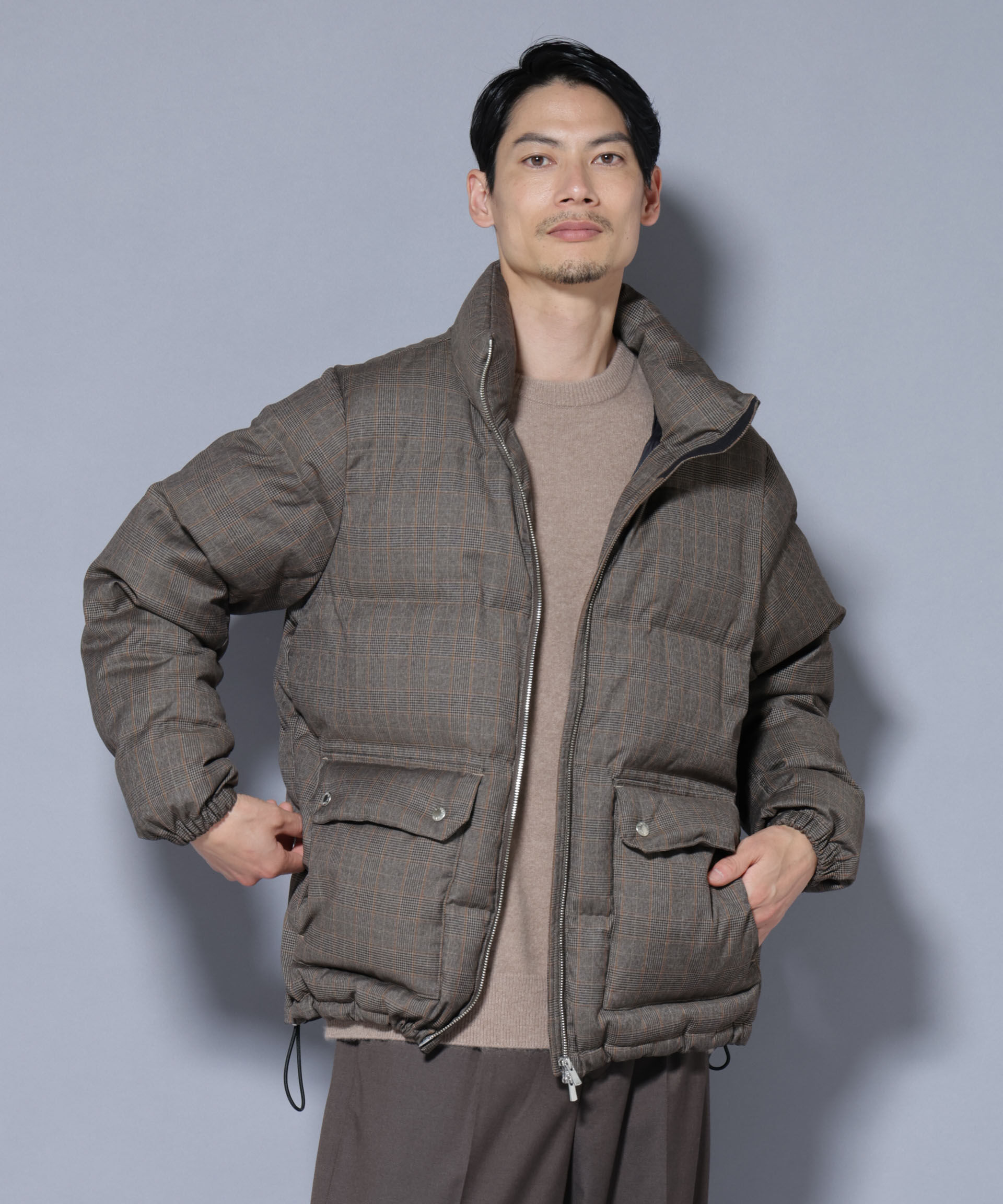 nano･universe「DELEGANTE エアリーサキソニー／グレンチェックTAIONダウンジャケット」|ダウン|パターン1