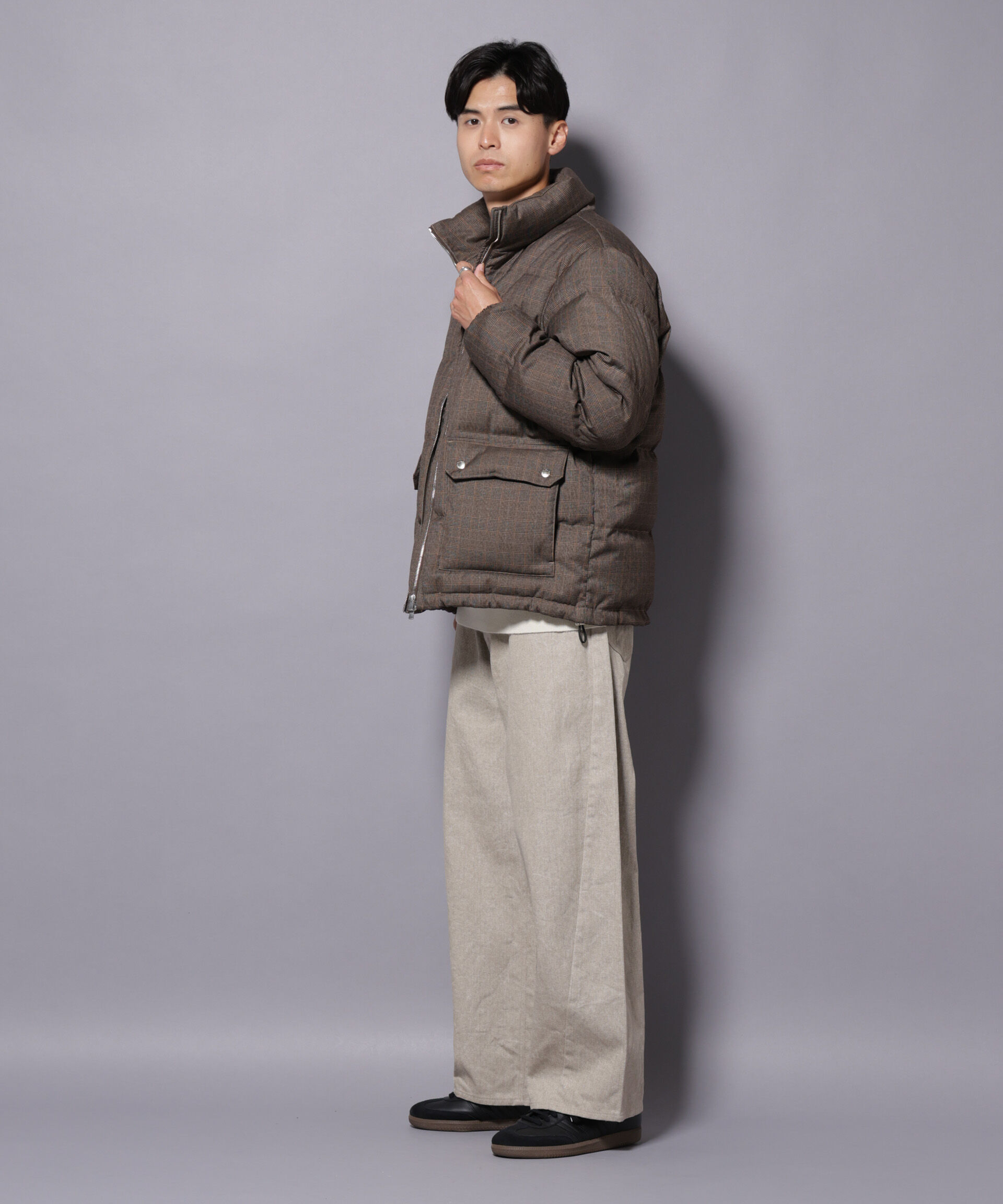 nano･universe「DELEGANTE エアリーサキソニー／グレンチェックTAIONダウンジャケット」|ダウン|