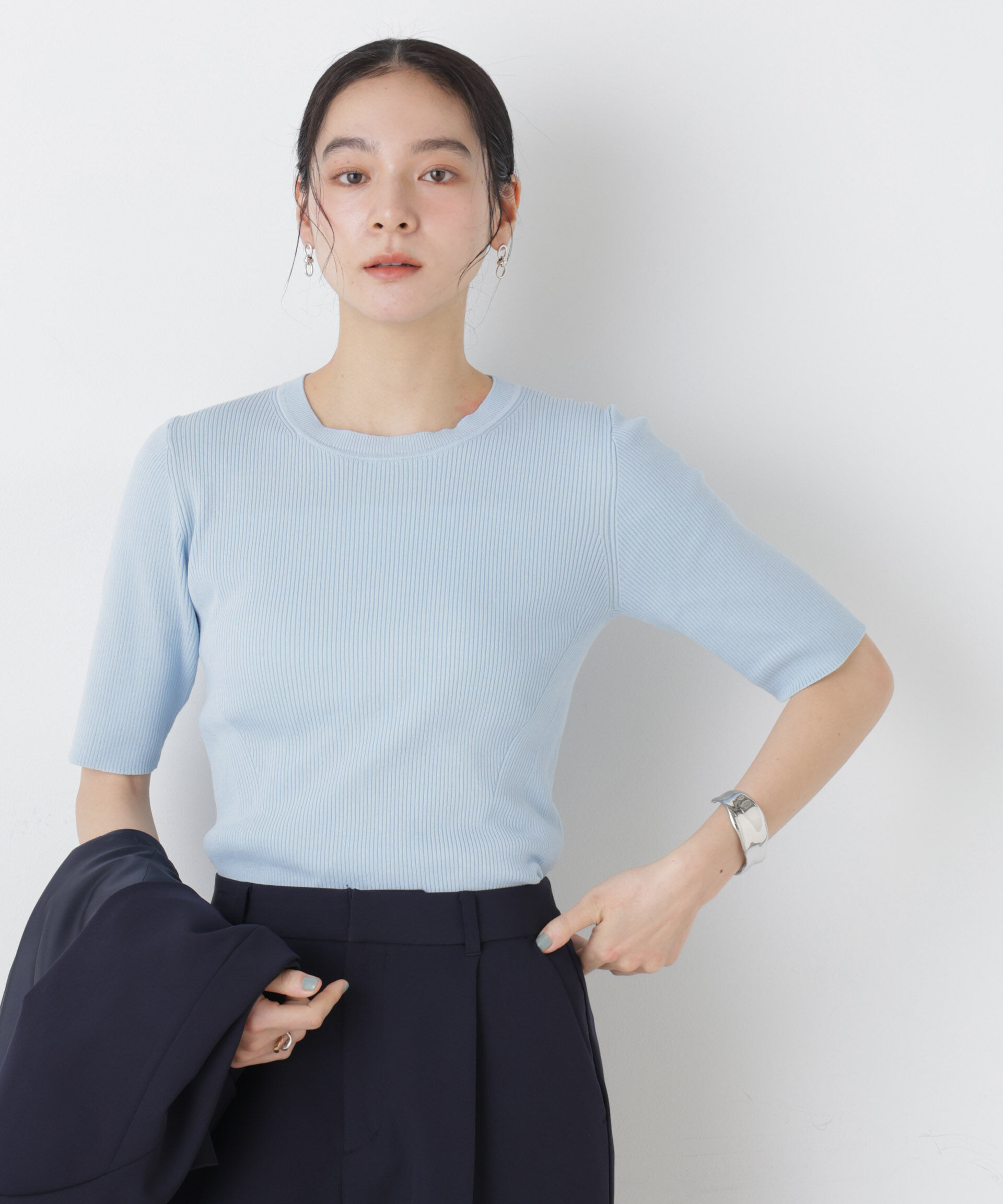 nano･universe「ウォッシャブルハイツイスト五分袖リブニット」|ニット・セーター|