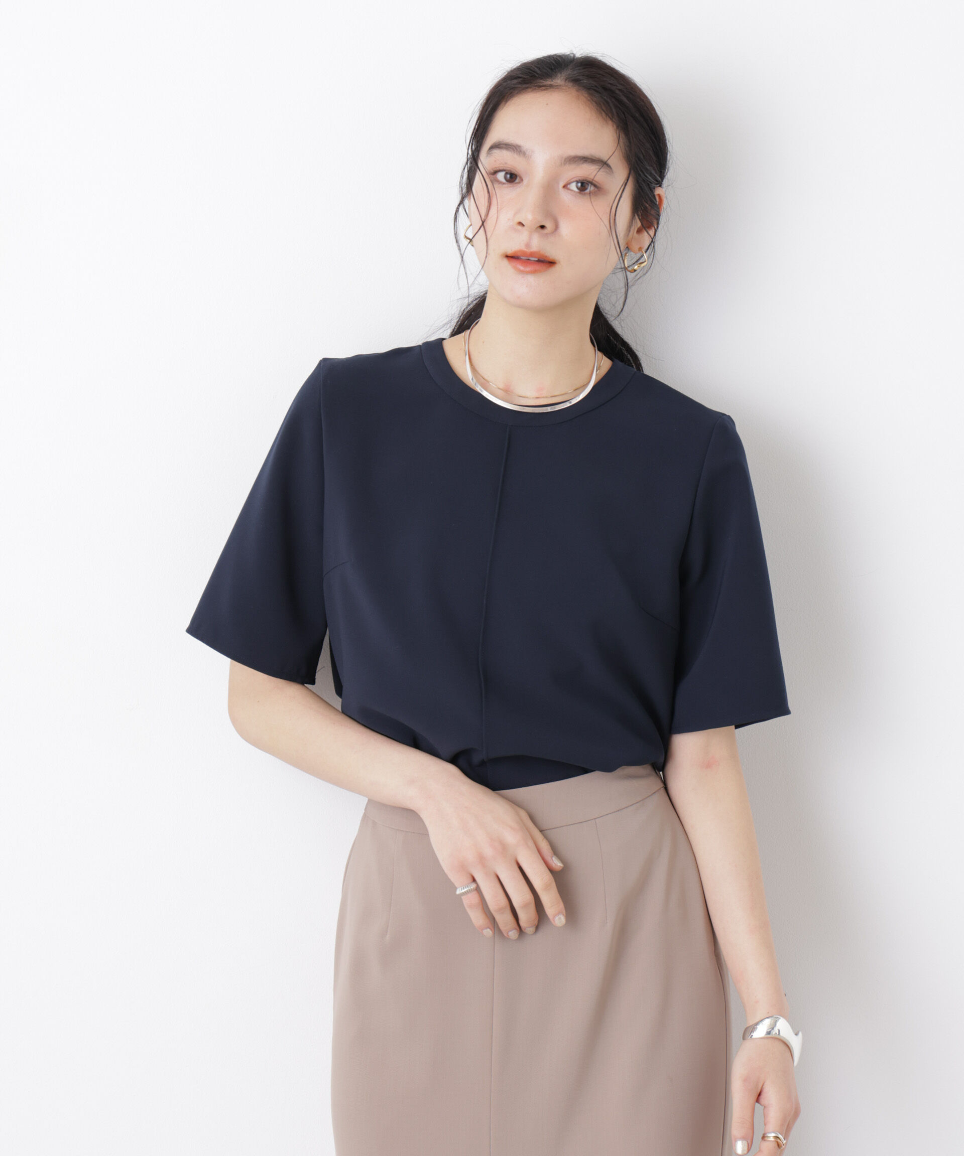 nano･universe「DressT/クルーネックハーフスリーブブラウス」|シャツ・ブラウス|ネイビー