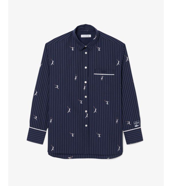LACOSTE「プレイヤージャカード ストライプオーバーサイズシャツ」|シャツ・ブラウス|ネイビー&times;ホワイト
