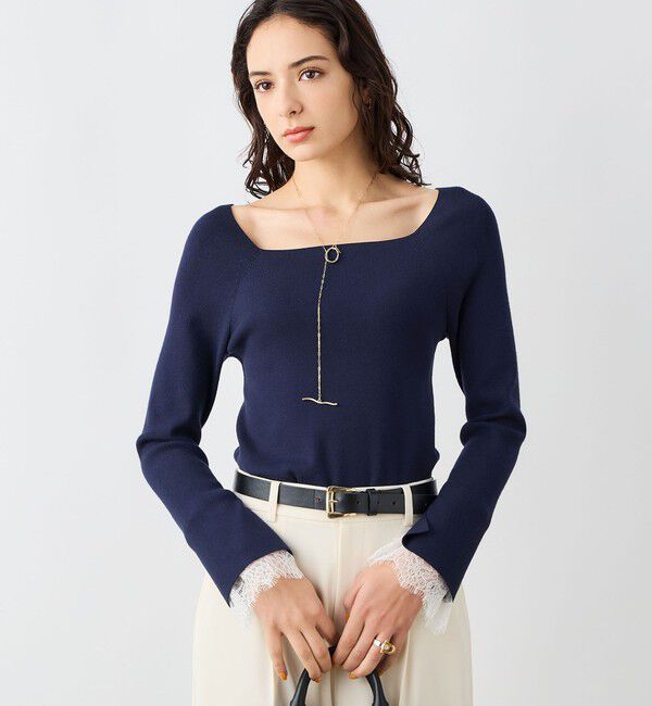 NOLLEY'S sophi「《手洗い可能》袖口レース取り外し可総針スクエアネックプルオーバー」|ニット・セーター|