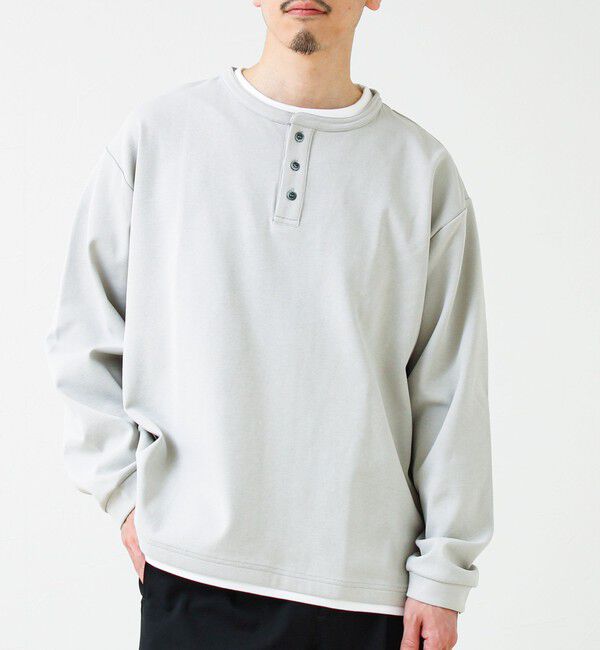 GLOSTER「【1枚で完成する】杢ダンボール ヘンリーネックフェイクレイヤー ロンT」|Tシャツ・カットソー|ライトグレー