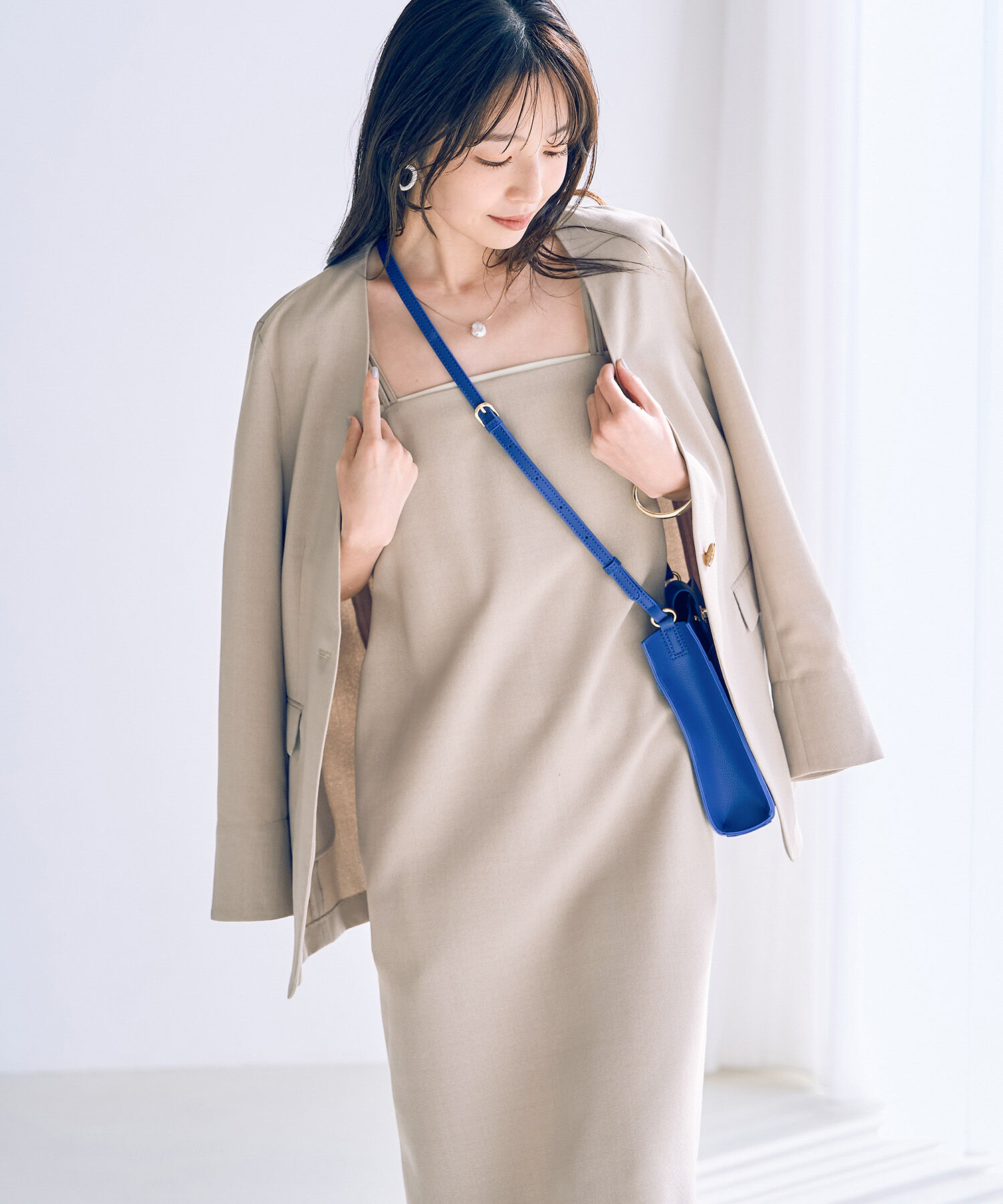 VIS「【洗える・接触冷感】美easyノーカラーVネックジャケット【セットアップ対応】」|ノーカラージャケット|