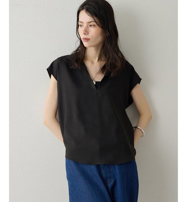 Drawing Numbers「【Drawing Numbers】フェイクリネンフレンチスキッパーブラウス」|シャツ・ブラウス|ブラック