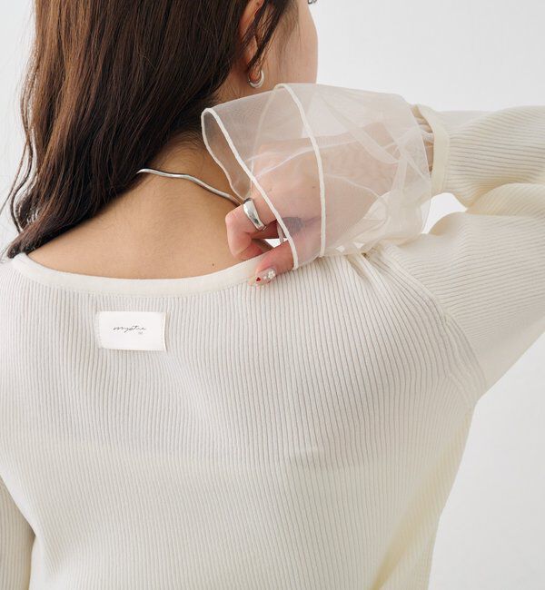  「袖チュール付きリブカーディガン」|カーディガン|アイボリー