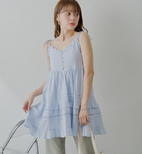  「【WEB限定追加】肩リボンコットンレースフリルキャミミニワンピ」|ワンピース|