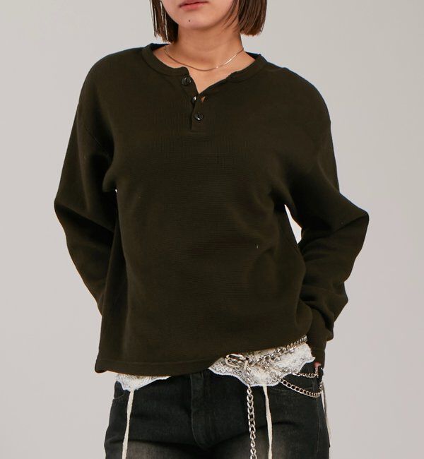  「【UNISEX】Sourcreamワッフルヘンリーネックトップス」|Tシャツ・カットソー|ブラック