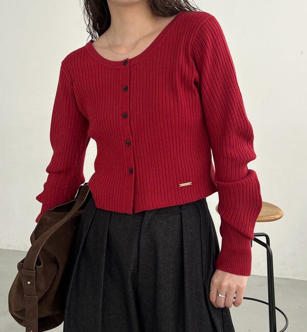  「【新色/オフホワイト】【前後2WAY】カーブスリーブリブニット」|カーディガン|レッド