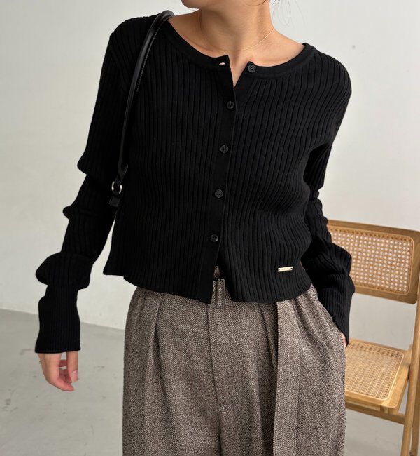  「【新色/オフホワイト】【前後2WAY】カーブスリーブリブニット」|カーディガン|ブラック