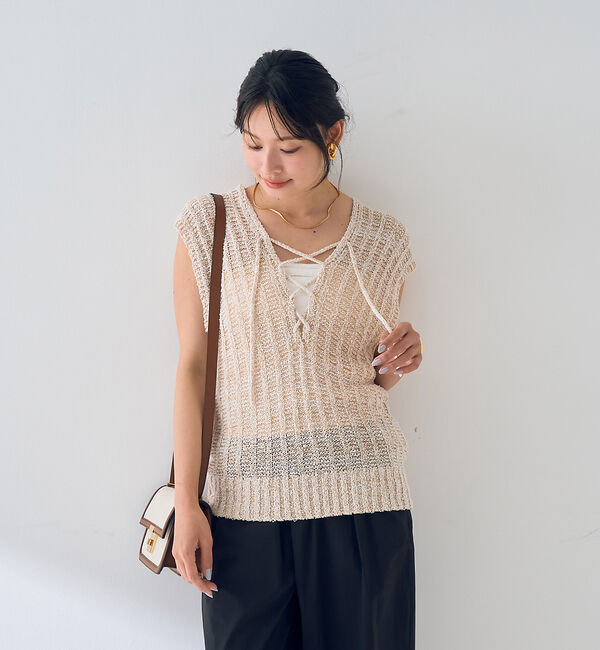Rouge vif「麻混ニットレースアップベスト」|ニット・セーター|