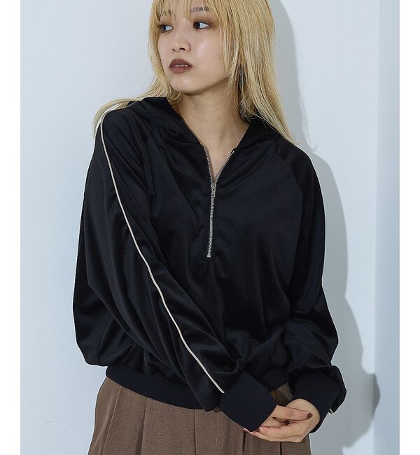NOMINE「【セットアップ】ベロアハーフジップ フーディー パーカー」|パーカー|ブラック