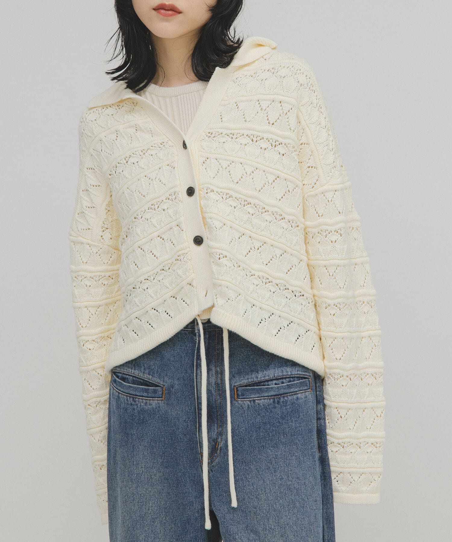  「透かし編みキーネックカーディガン」|カーディガン|