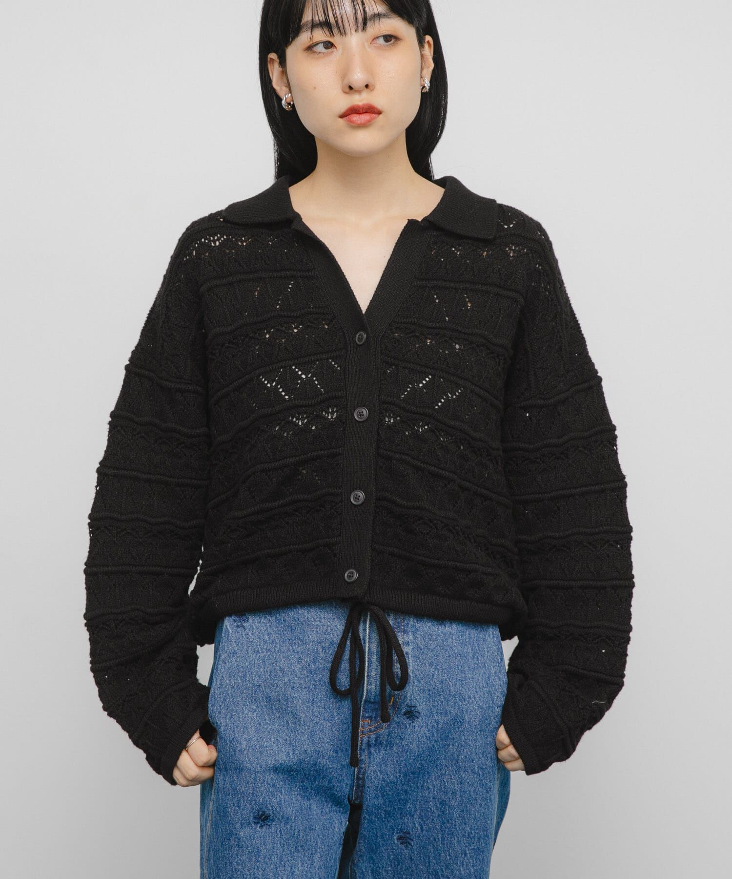  「透かし編みキーネックカーディガン」|カーディガン|