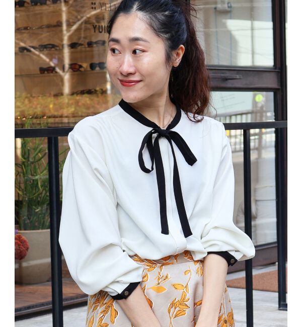 「【日本製】バイカラーボウタイブラウス」|シャツ・ブラウス|オフ