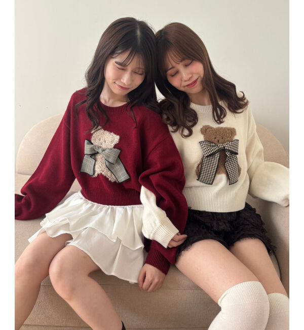  「リボン付きくまちゃんニット」|ニット・セーター|レッド
