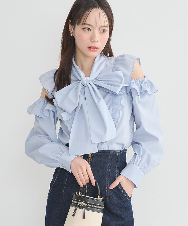 earth music&ecology「リボンラッフルブラウス」|シャツ・ブラウス|Light Gray