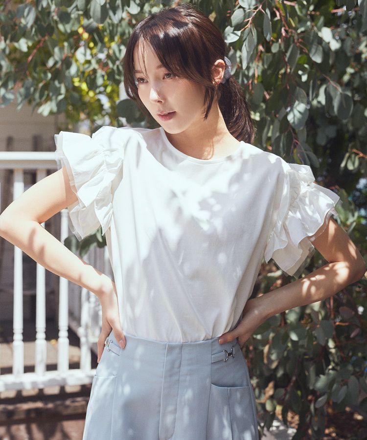 earth music&ecology「ギャザーフリルスリーブカットソー」|Tシャツ・カットソー|