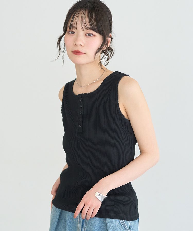 earth music&ecology「ピコミシンヘンリーネックタンクトップ」|キャミソール|Black