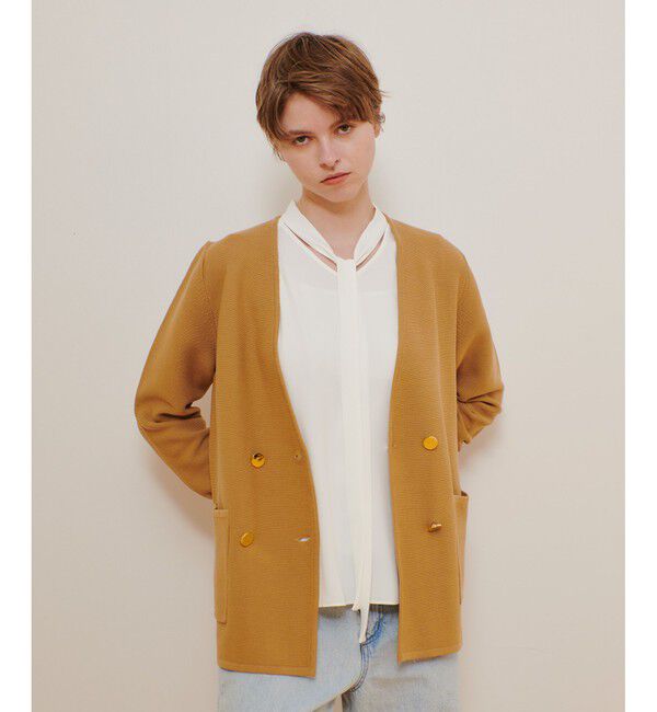 allureville「セミダブルガーターニットジャケット」|ノーカラージャケット|キャメル