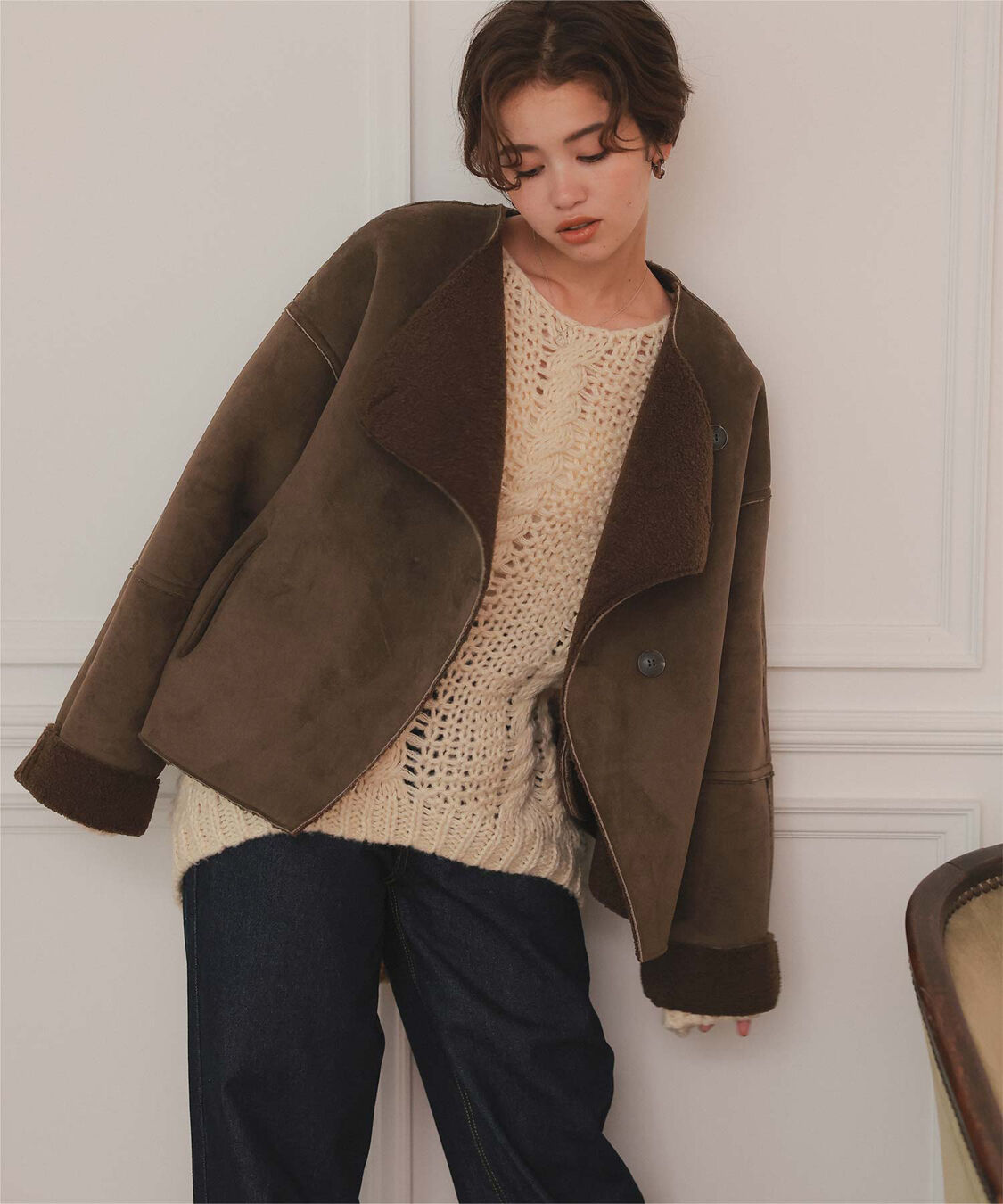 titivate「フェイクムートンノーカラージャケット」|ノーカラーコート|