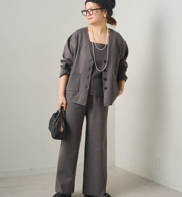  「【3点セット】ワッフルスクエアタンク＆Vネックカーデ+ワイドパンツセットアップ」|カーディガン|チャコールグレー