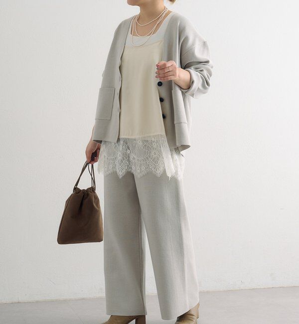  「【3点セット】ワッフルスクエアタンク＆Vネックカーデ+ワイドパンツセットアップ」|カーディガン|