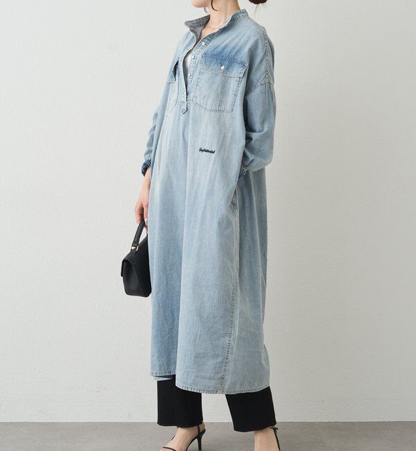  「ヴィンテージライクデニムバンドカラーワンピース」|ワンピース|