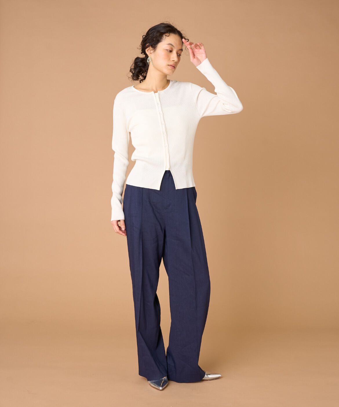 INED「《大きいサイズ》シルクコットンクルーネックリブカーディガン」|カーディガン|