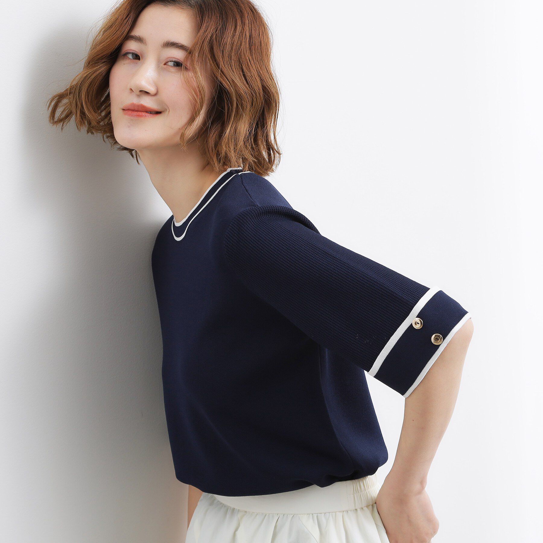 grove「やわらかドライタッチ 袖メッシュ編みニット」|ニット・セーター|