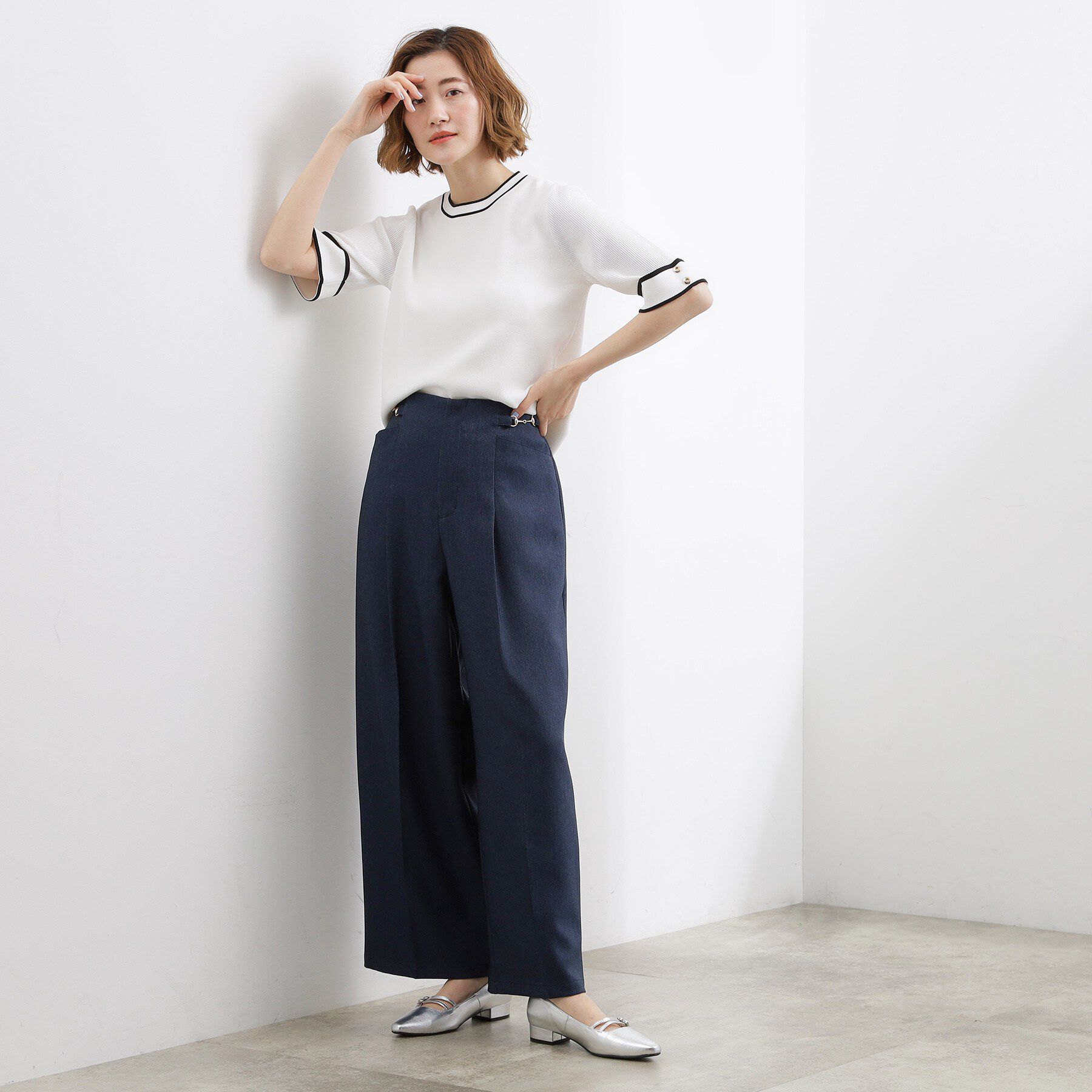 grove「やわらかドライタッチ 袖メッシュ編みニット」|ニット・セーター|