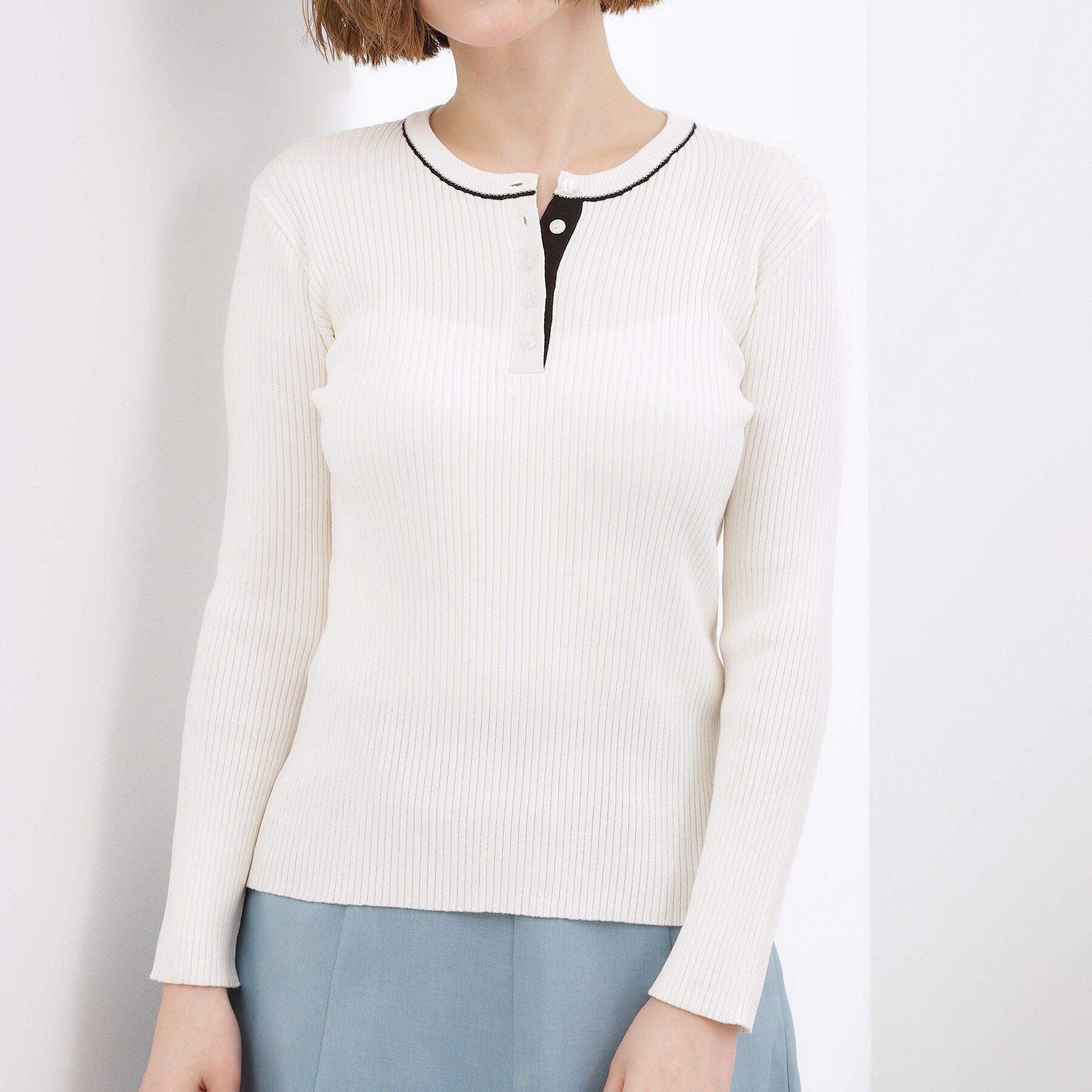 grove「バイカラー ヘンリーネックリブニット」|ニット・セーター|