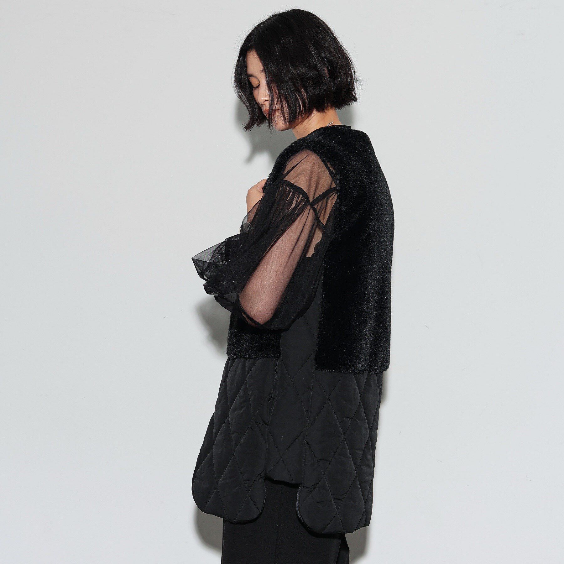 GALLEST「キルティングフェイクファードッキングジレ」|ダウン|