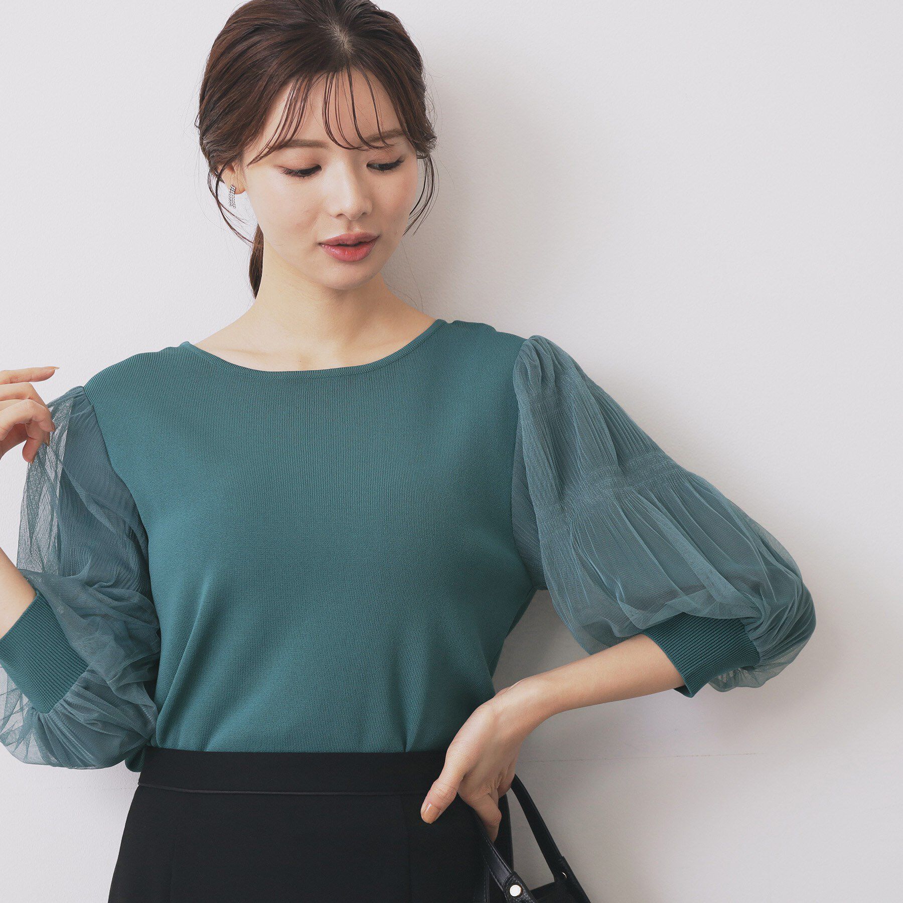 index「《5色展開》マジョリカプリーツスリーブニット【洗濯機洗い可】」|ニット・セーター|グリーン(023)