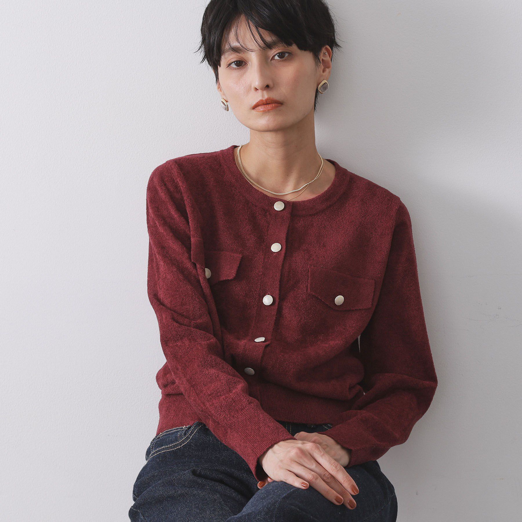 OPAQUE.CLIP「モールニットクルーカーディガン【洗濯機OK】」|カーディガン|ボルドー(064)