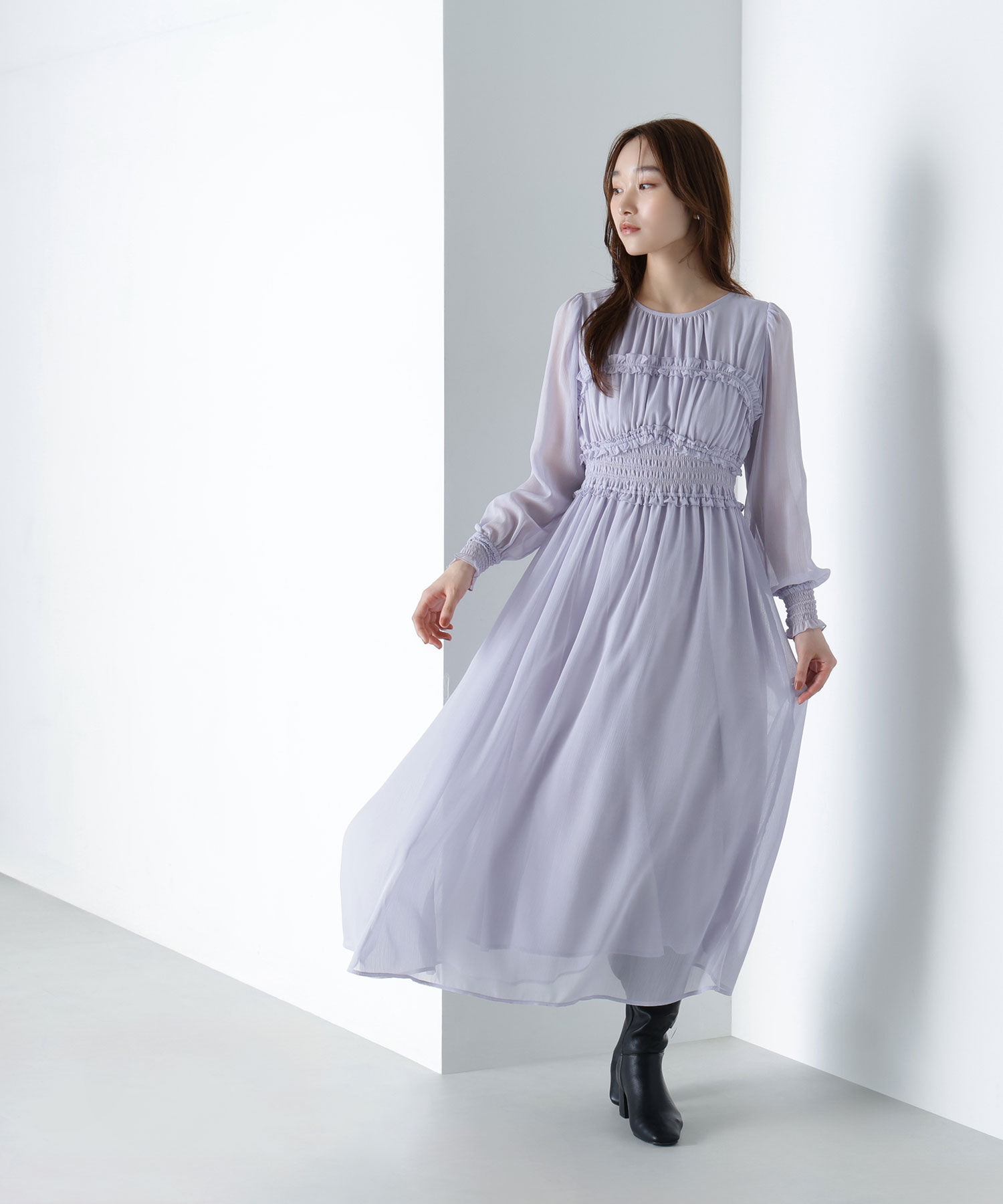  「フリルシャーリング楊柳ワンピース」|ワンピース|ラベンダー