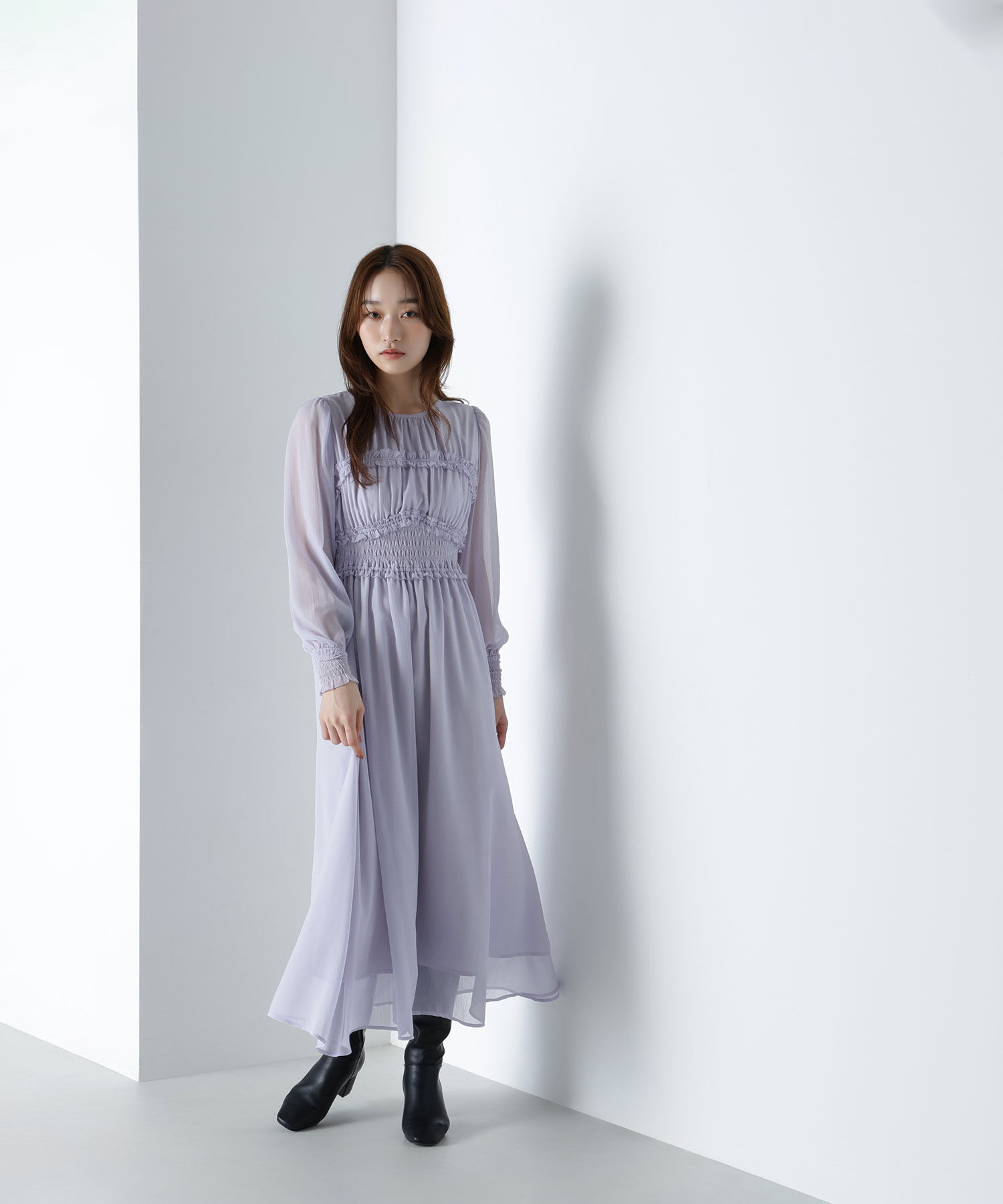  「フリルシャーリング楊柳ワンピース」|ワンピース|