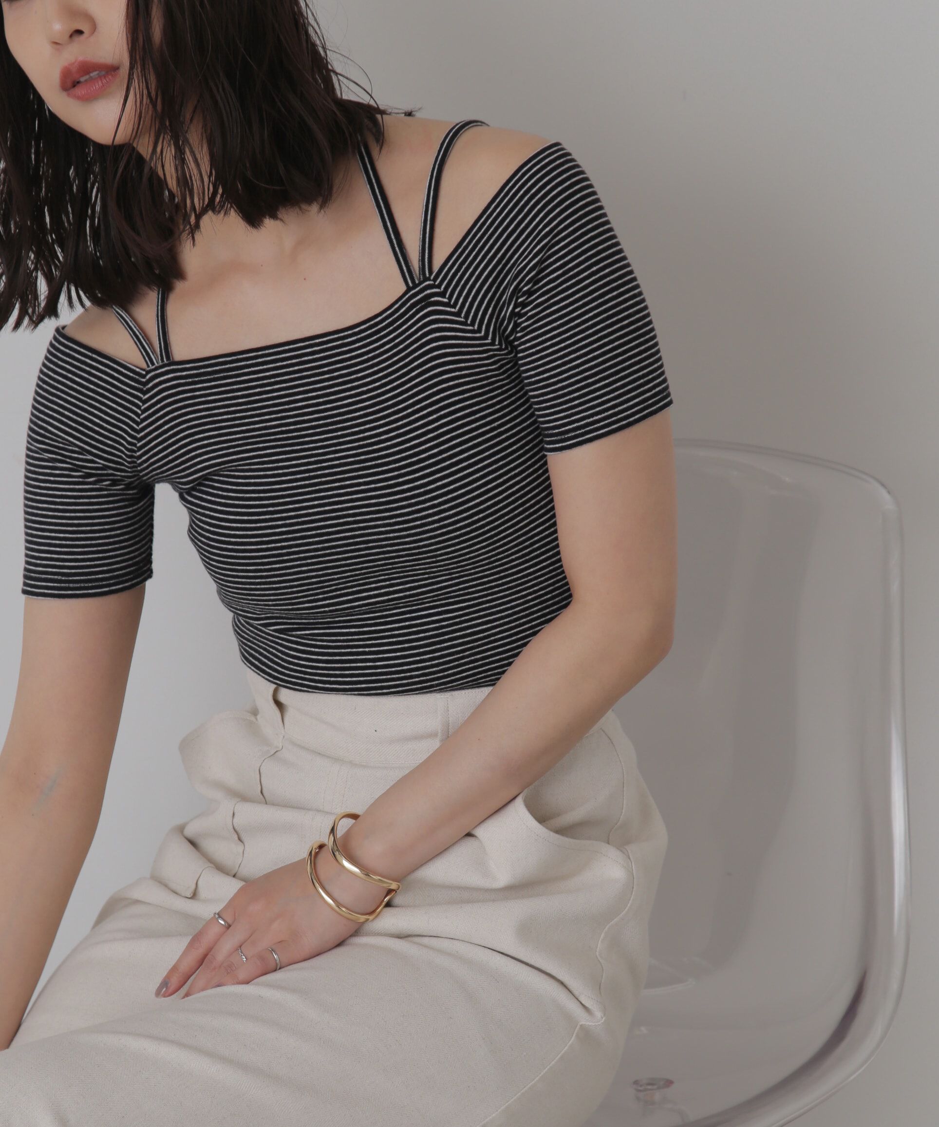  「オフショルホルターネックカットソー」|Tシャツ・カットソー|ブラック&times;ホ  1