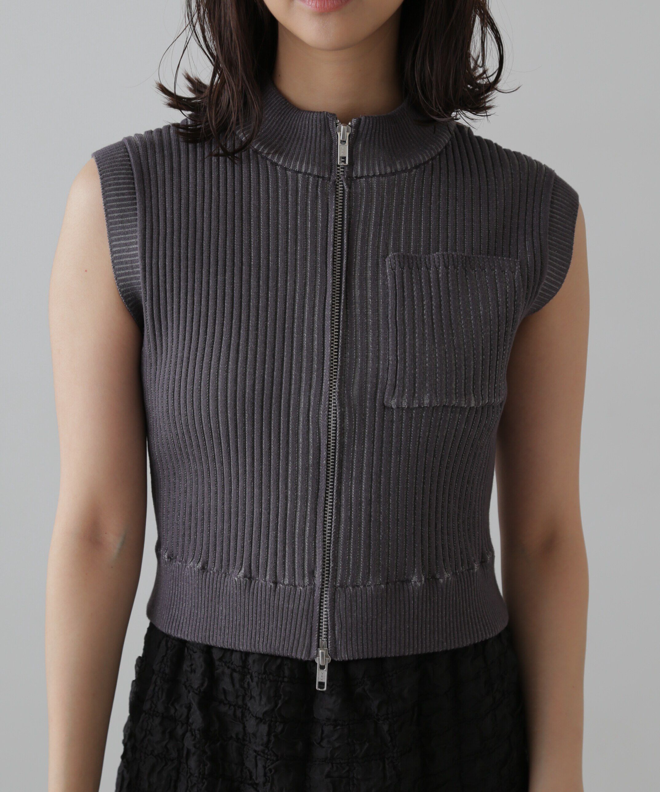  「バイカースタンド配色リブニットベスト」|ニット・セーター|