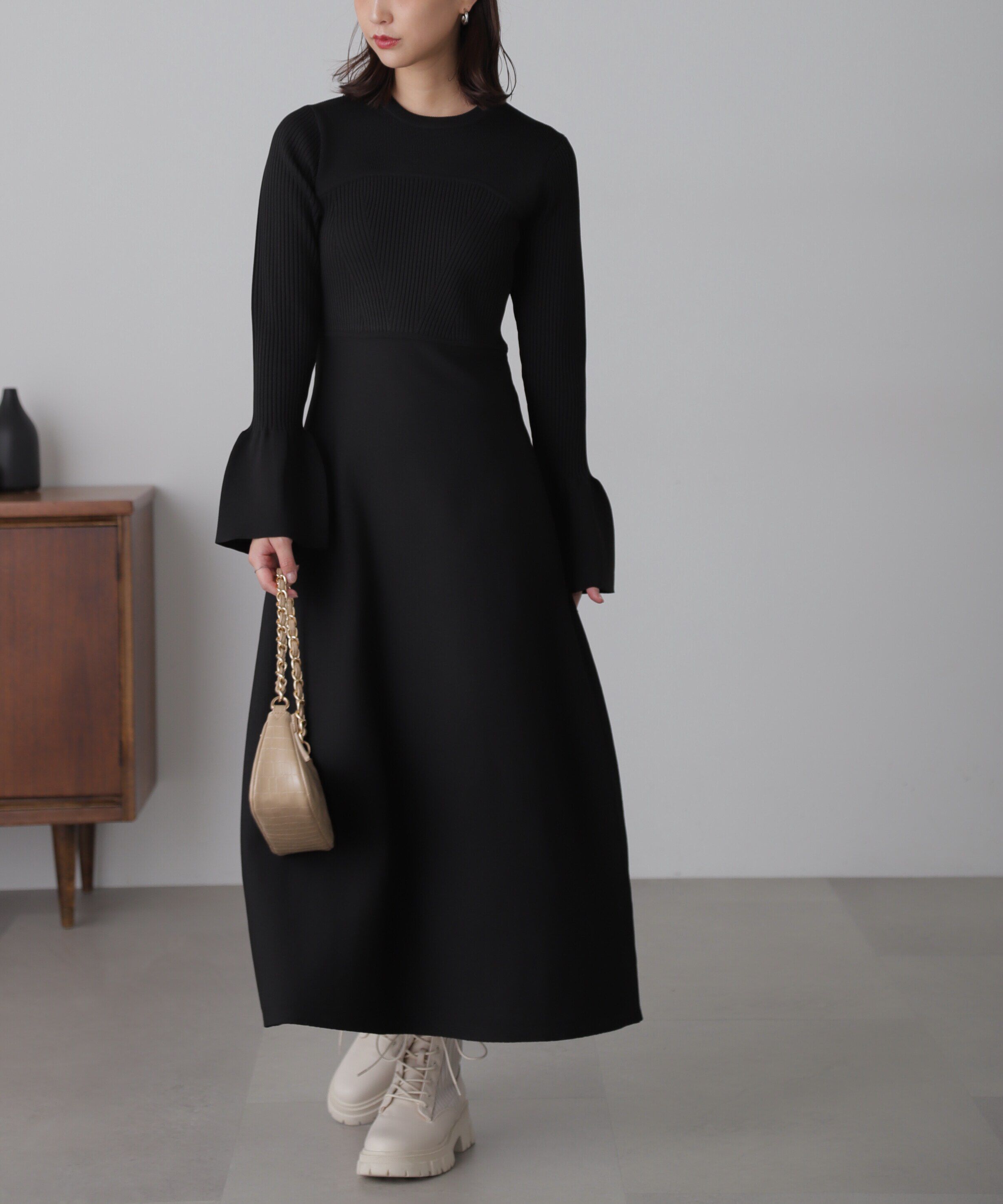  「ベアトップ風フレアワンピース」|ワンピース|ブラック