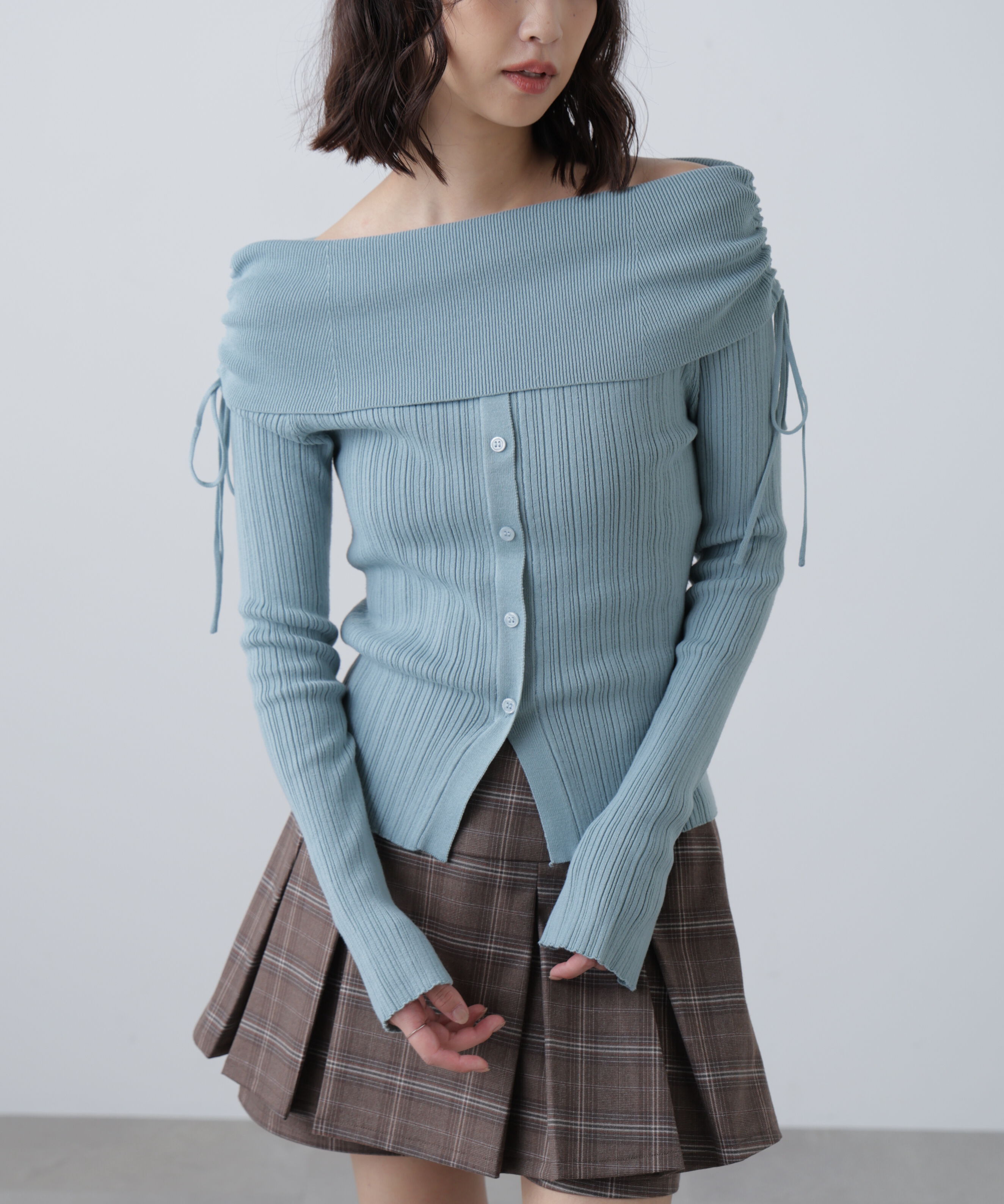  「リボンシャーリングオフショルダーニット」|ニット・セーター|