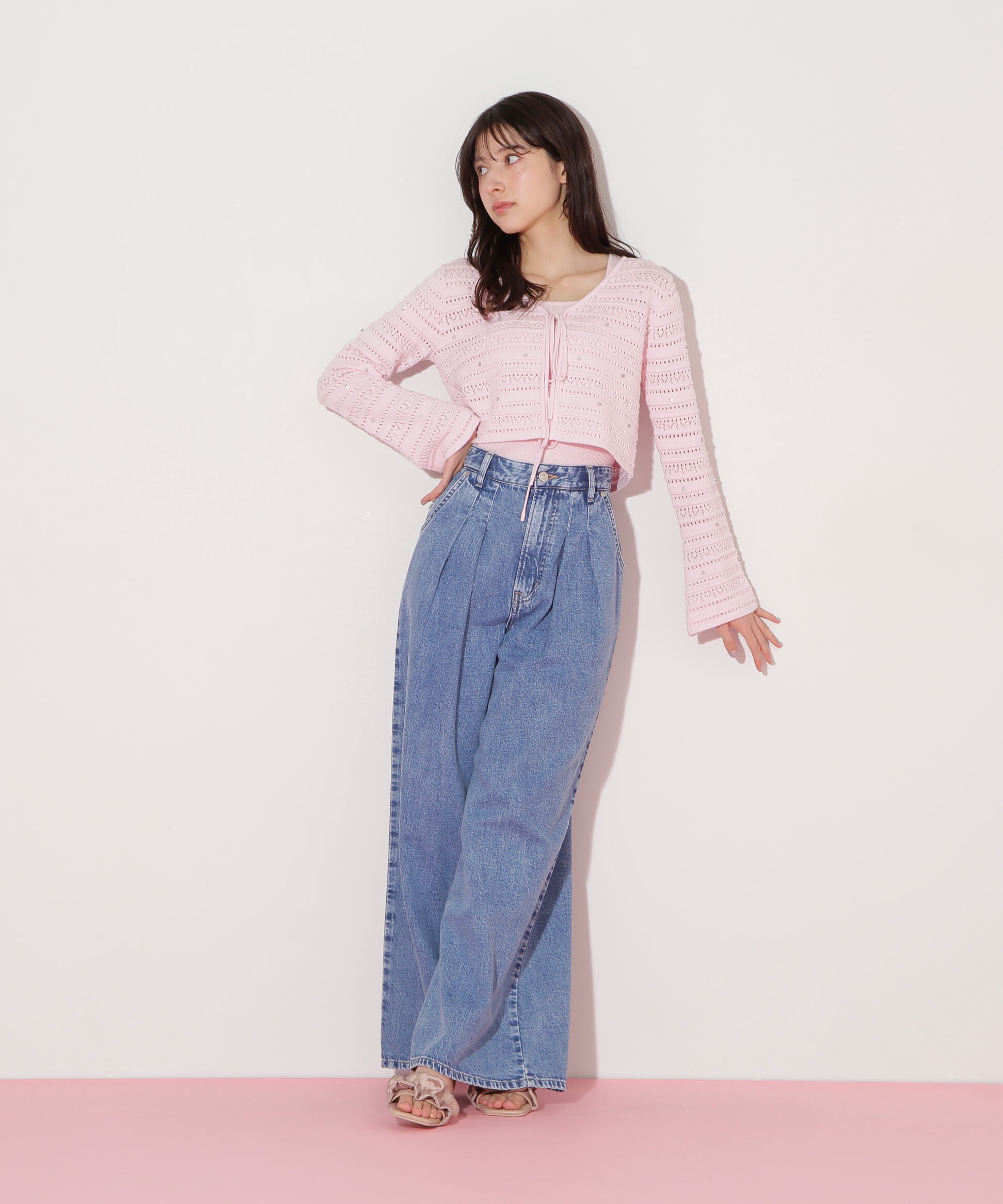  「ビジュー付きカギ編みアンサンブル」|ニット・セーター|