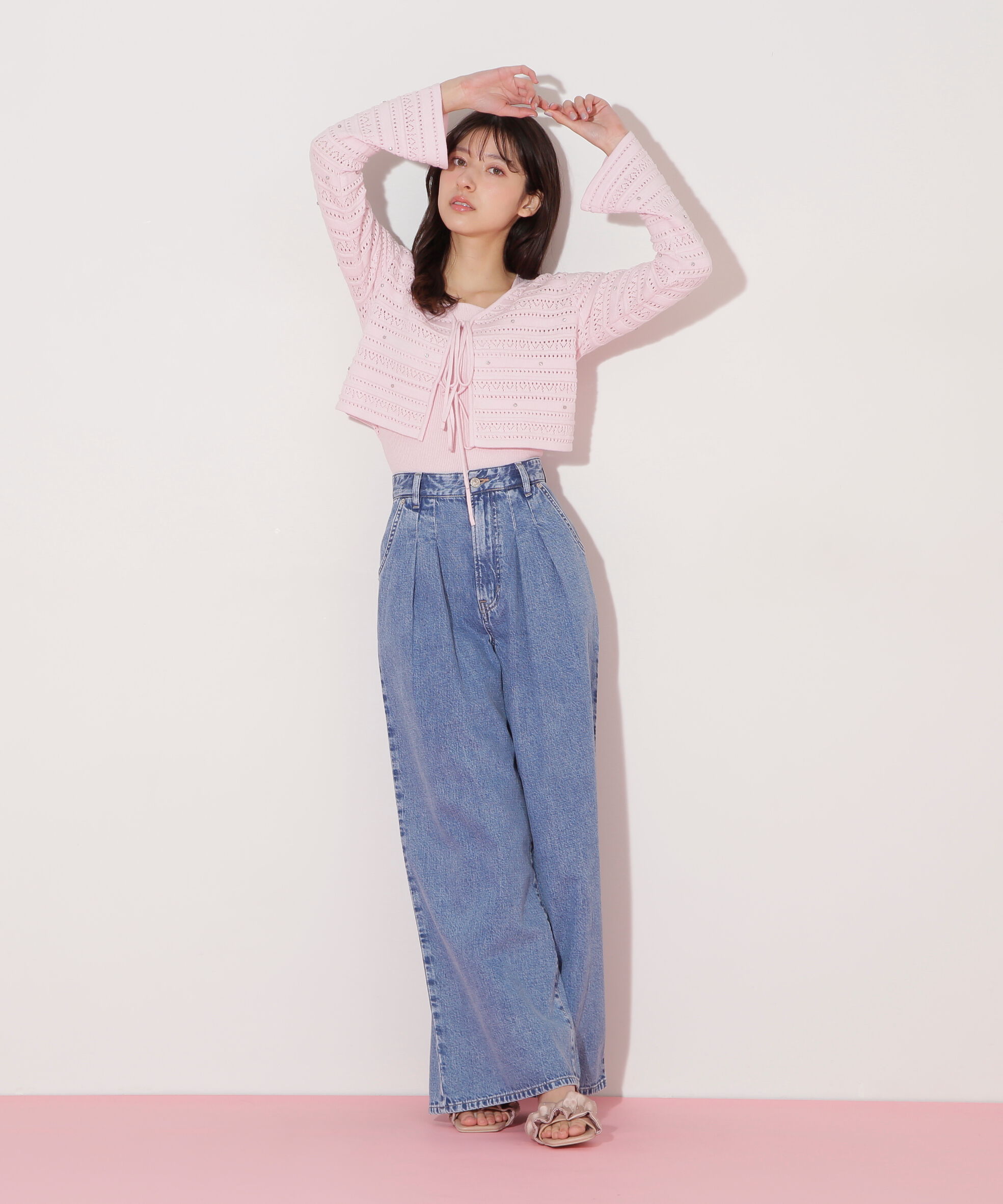  「ビジュー付きカギ編みアンサンブル」|ニット・セーター|