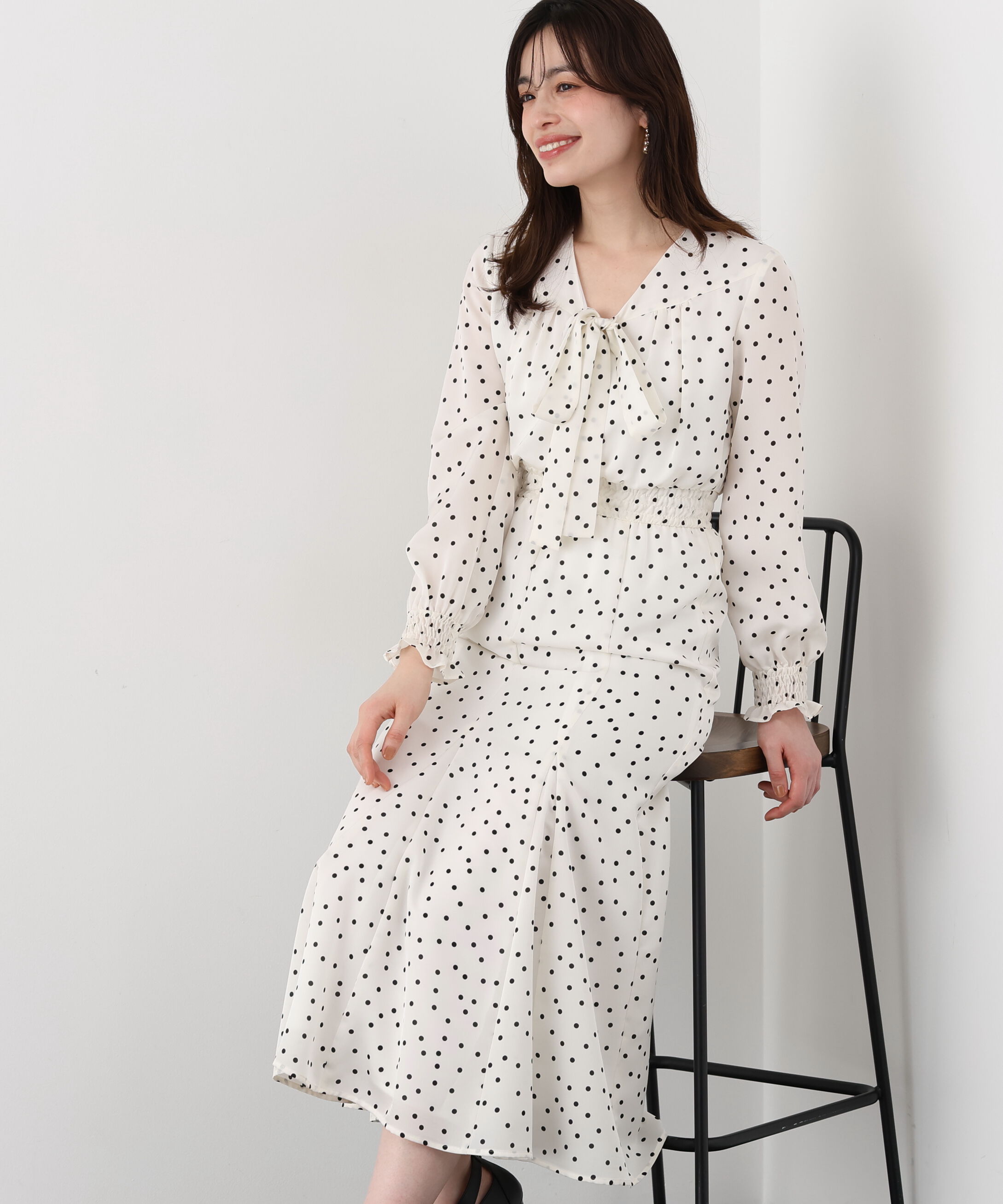  「ドットプリントリボンワンピース」|ワンピース|