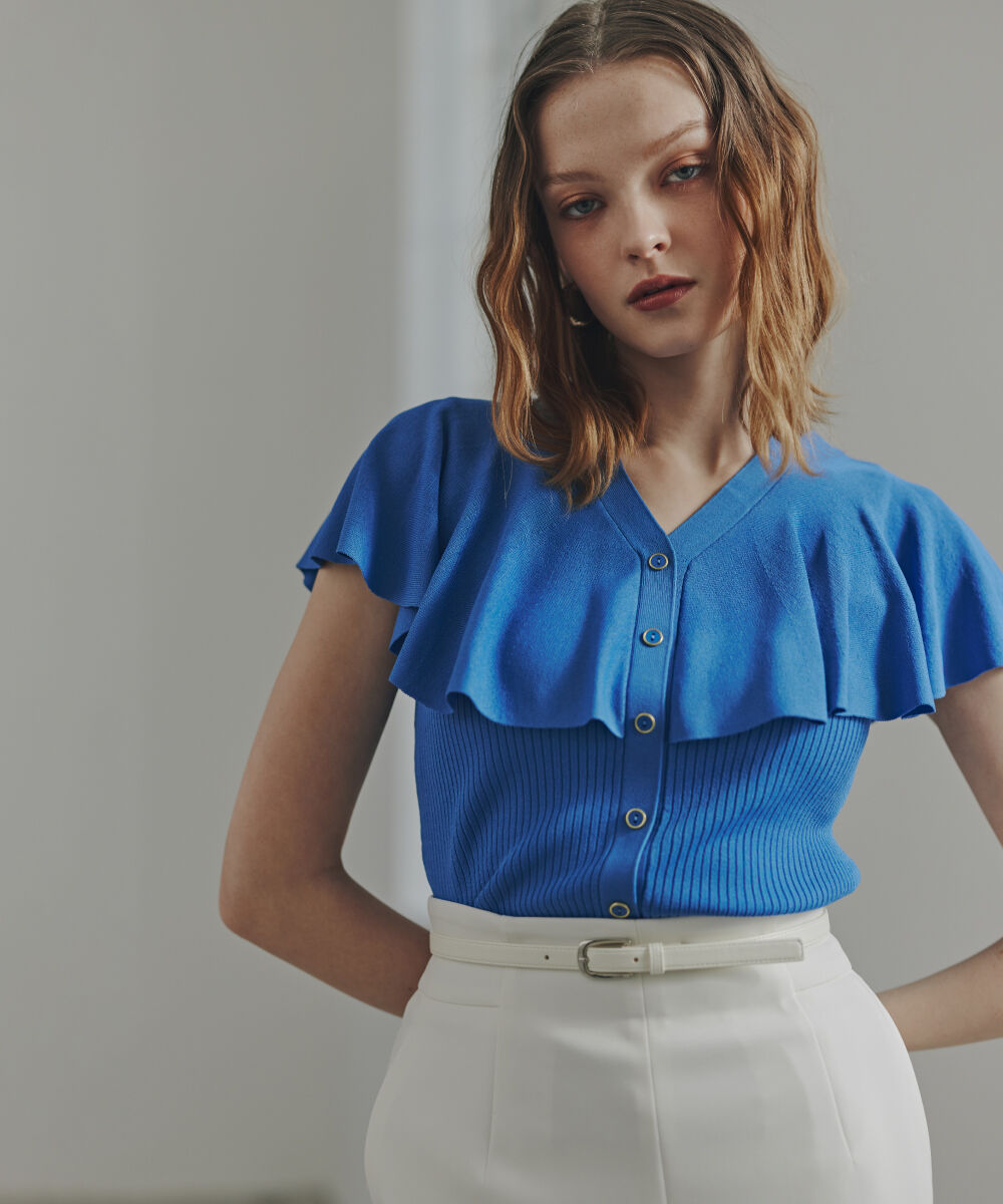  「Vネックケープニットプルオーバー」|ニット・セーター|ブルー