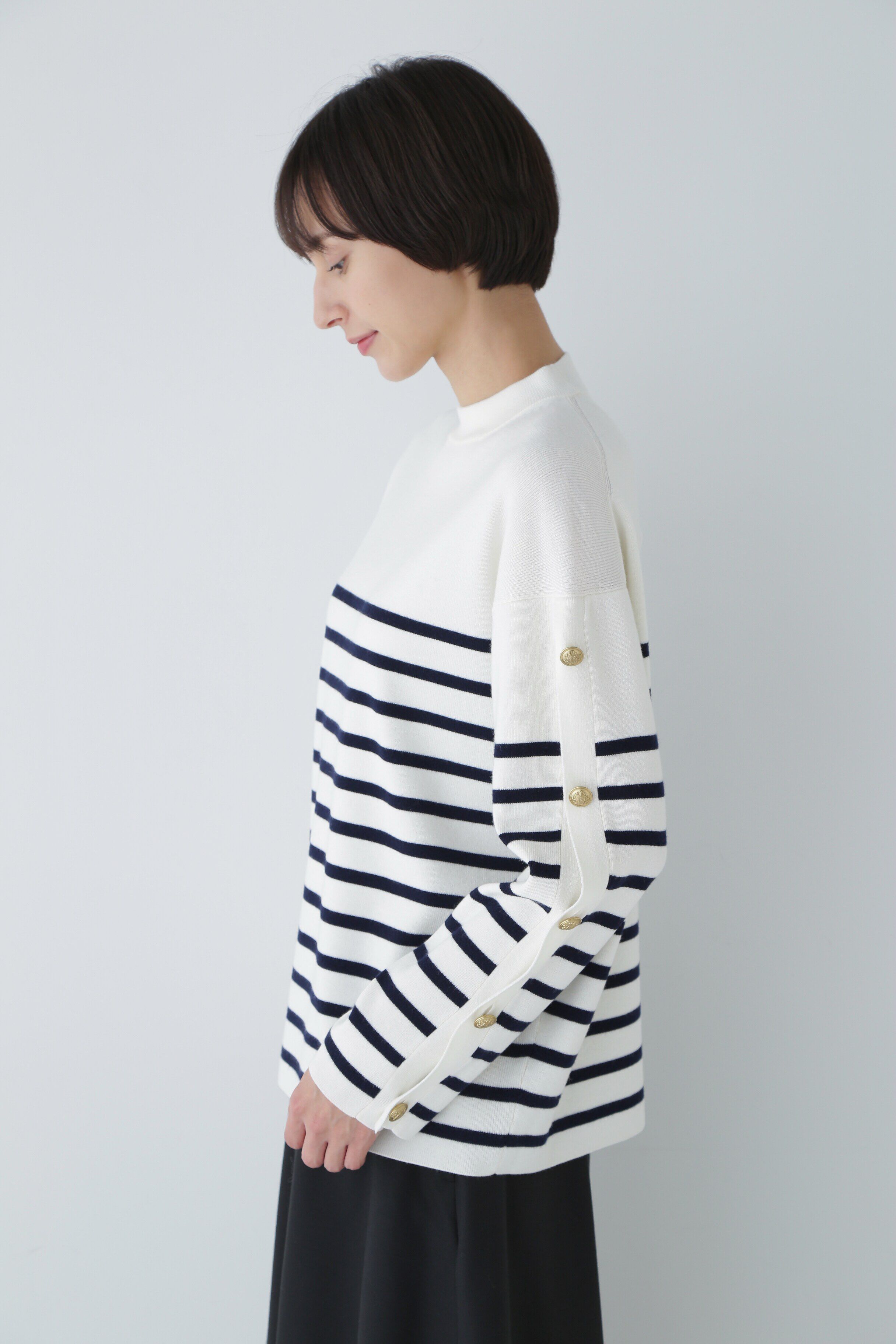  「◆袖ボタン付きボーダーニット」|ニット・セーター|